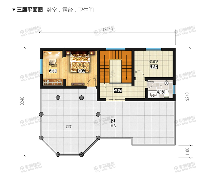 130平帶涼亭農(nóng)村三層別墅設(shè)計圖紙及效果圖