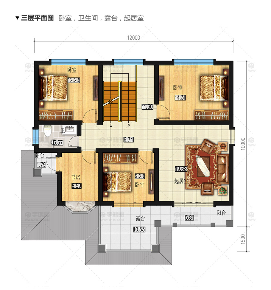 120平方米帶客廳中空農(nóng)村房屋設(shè)計圖紙，外觀高端大氣